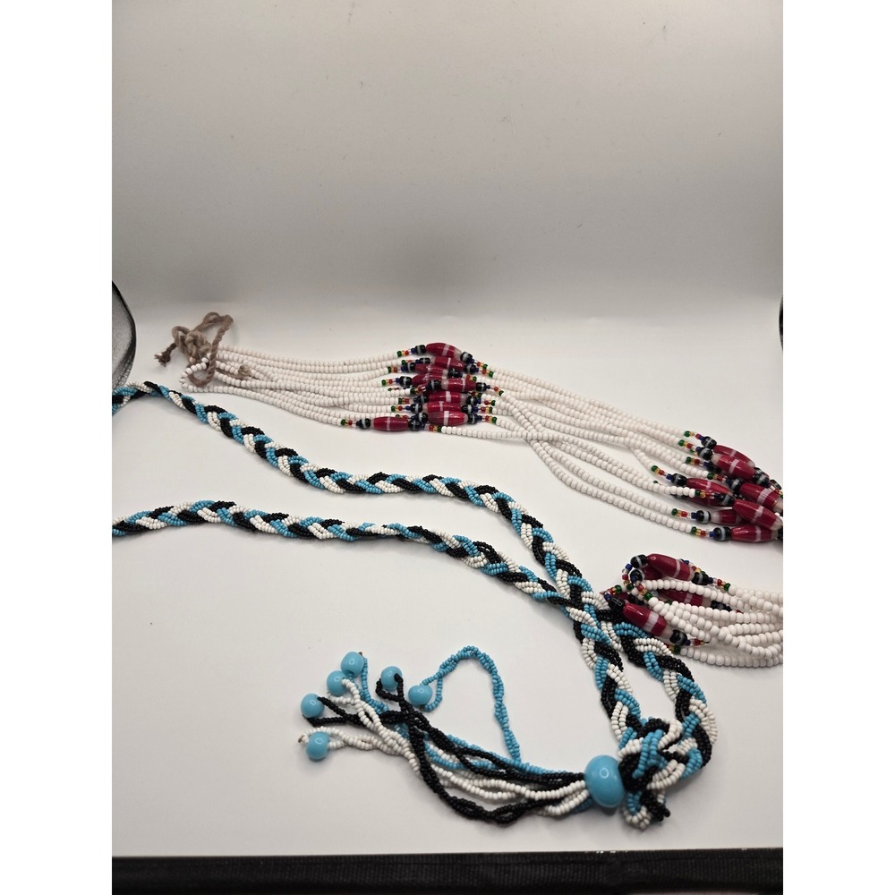 Handmade Seed Bead Necklace Set Multi Strand White Red & Braided Turquoise Black